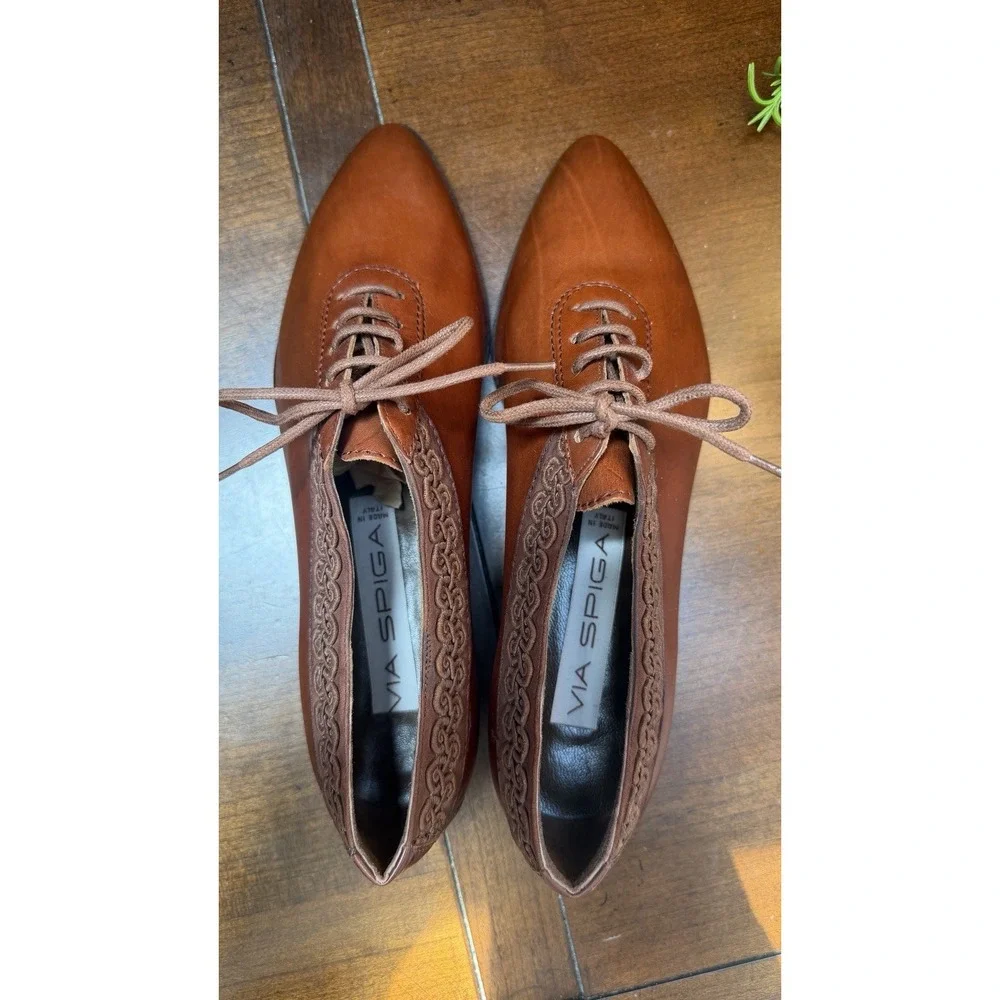 Via Spiga Womens Leather Dress Shoes Brown Pointed Toe Made in Italy-luxury 6.5